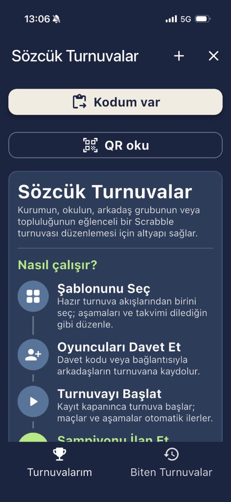 Turnuvaya giriş ekranı: Kodum var ve QR Oku