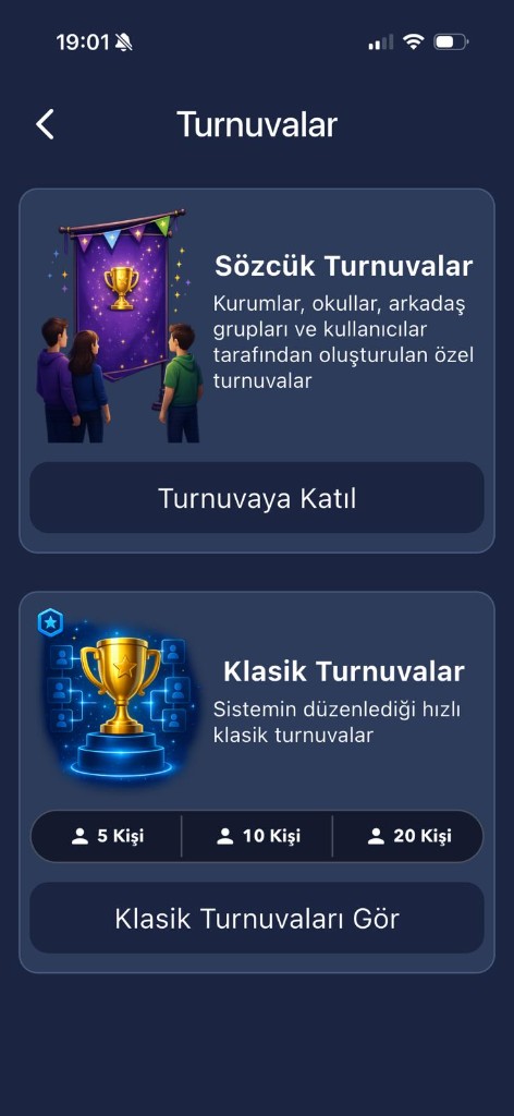 Sözcük Turnuvalar giriş ekranı